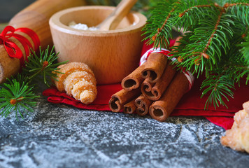 Christmas food background with space for text. Selective focus.