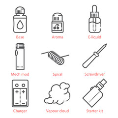 Vector thin line icons set with vaping accessories and equipment for infographics and mobile UX UI kit