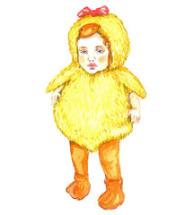 Hand Painted Watercolor Illustration Isolated: Cute baby standing in duck costume