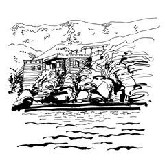 original black and white sketch drawing of Sveti Stefan island i