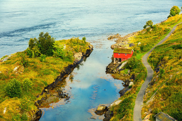 fjord with typical wooden rorbu or fisherman's houses in Norway