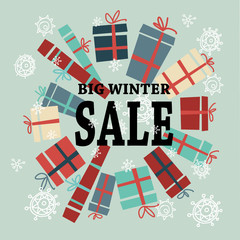 Winter sale background with black letters,gifts and snowflakes. Vector illustration