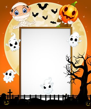Halloween sign with little mummy pumpkin mask, and ghost