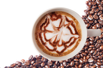 Hot coffee cup with clipping path and coffee beans top view on w