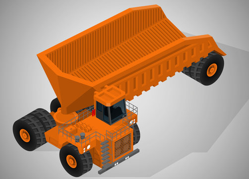 Vector isometric illustration of a heavy-duty truck. Equipment for high-mining industry.