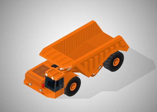 Vector isometric illustration of articulated dump truck for underground mining. Equipment for high-mining industry.