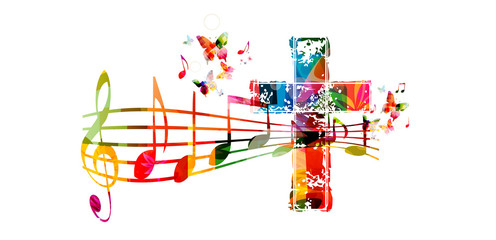 Naklejki  Ilustracja wektorowa szablon kreatywny styl muzyki, kolorowy krzyż z personelem muzyki i notatki tle. Projekt o tematyce religijnej dla muzyki kościelnej i koncertu ewangelicznego, śpiewu chóralnego, chrześcijaństwa, modlitwy