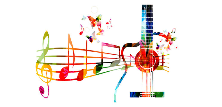 Creative music style template vector illustration, colorful guitar with music staff and notes, music instruments background. Design for poster, brochure, banner, concert, festival and music shop 
