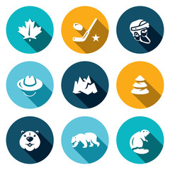 Vector Set of Canada Icons. Maple Leaf, Hockey, Helmet, Scout, Mountain, Forest, Beaver, Polar Bear. - 120765460