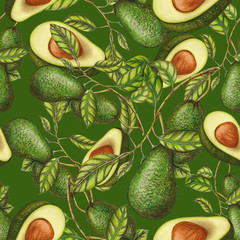 Seamless pattern of hand drawn avocados
