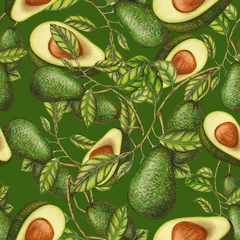 Tapeten Avocado Nahtloses Muster von handgezeichneten Avocados