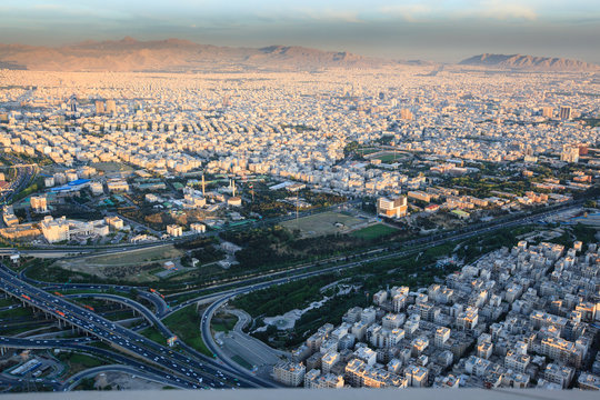 Aerial view of Tehran city from Milad tower at sunset, Iran
