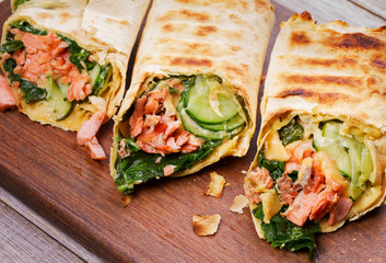 Salmon, Spinach, Cheese and Cucumber Burritos