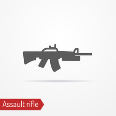 Abstract isolated assault rifle icon in silhouette style with shadow. Military vector stock image.