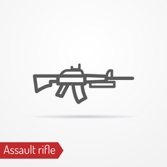 Abstract isolated assault rifle icon in silhouette line style with shadow. Army vector stock image.