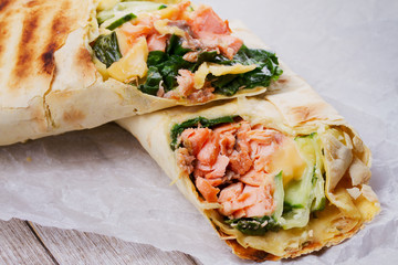 Salmon, Spinach, Cheese and Cucumber Burritos