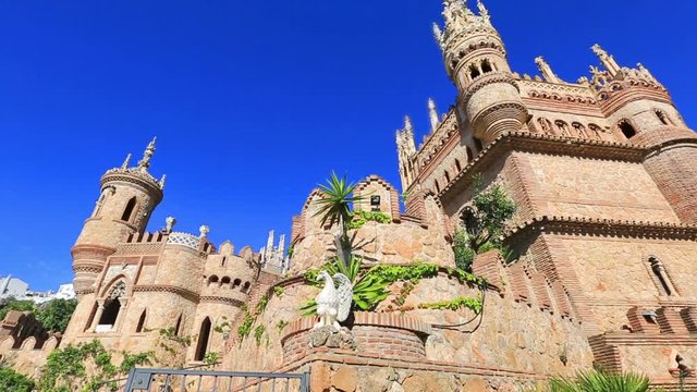 Panoramic view of famous Castillo de Colomares is a monument similar to a fairytale castle, dedicated to Christopher Columbus. Benalmadena, near Malaga in Andalusia, Spain.