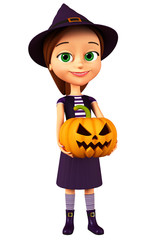 Funny witch with pumpkin. Halloween icon is no isolated backgrou