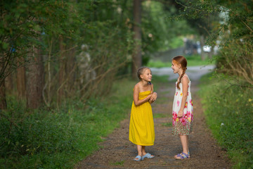 Fototapeta premium Cute little girls excitedly talking in the Park.