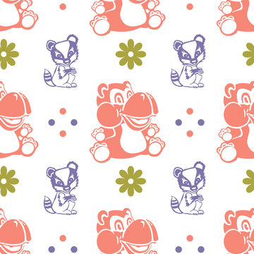 seamless wallpaper hippopotamus, fox, raccoon, a flower on a white background. beautiful.