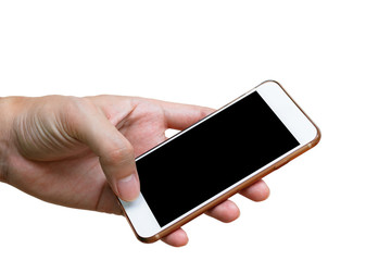 Human hand holding white phone on black screen isolated with clipping path