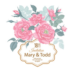 Vector wedding invitation template with roses.