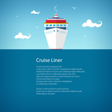 Cruise Ship at Sea, a Front View of the Liner, Travel Concept , Poster Brochure Flyer Design, Vector Illustration