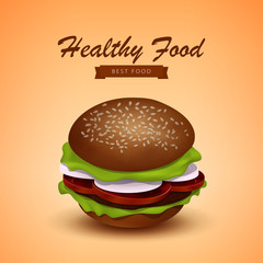 Tasty Juicy Burger with Cutlet, Tomatoes, Onions and Salad, Fastfood , Vector Illustration