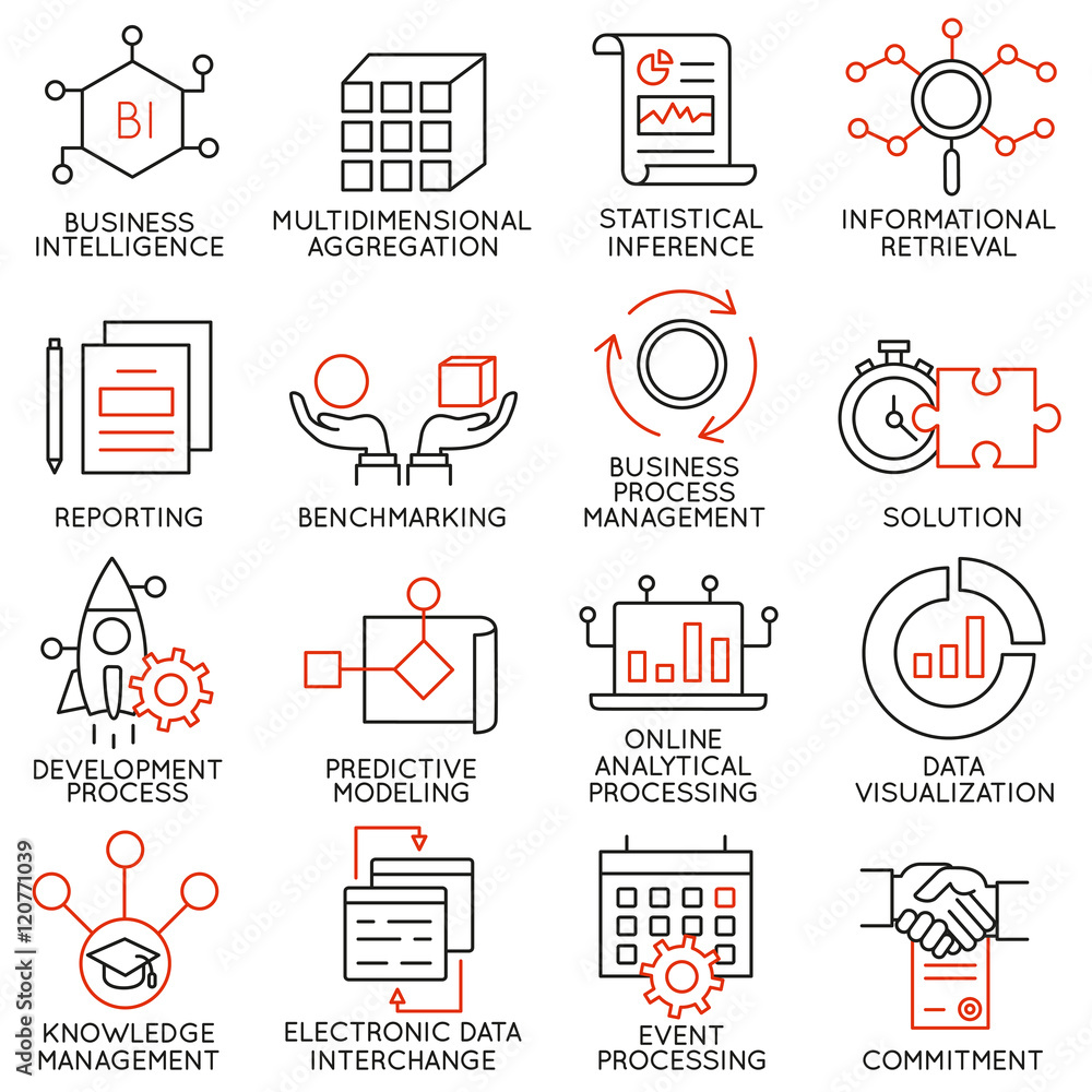 Poster vector set of 16 icons related to business management, strategy, career progress and business proces