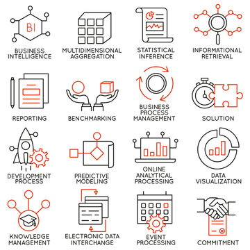 Vector set of 16 icons related to business management, strategy, career progress and business process. Mono line pictograms and infographics design elements - part 25