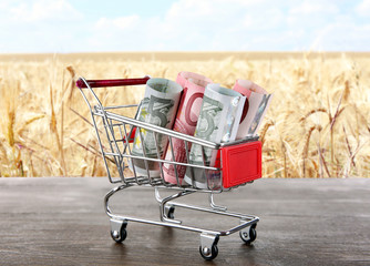 Shopping cart with money on wooden table. Blurred wheat field background