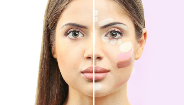 Woman Face Before And After Professional Makeup Application. Facial Contouring And Blending Makeup. Beauty Concept