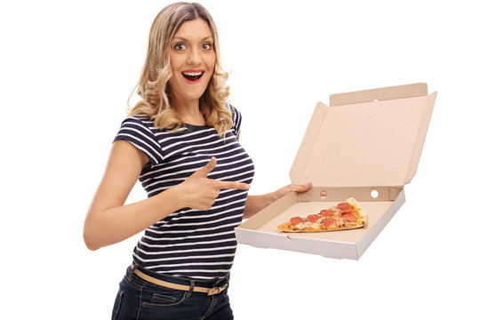 Cheerful woman holding a pizza box