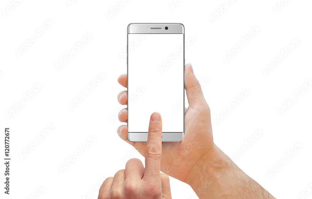 Fototapete White modern smartphone with curved edge in man hand. Man touch isolated cell phone display. White isolated screen for mockup. Isolated background.