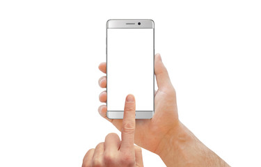 White modern smartphone with curved edge in man hand. Man touch isolated cell phone display. White isolated screen for mockup. Isolated background.