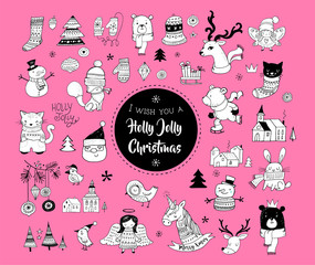 Christmas hand drawn cute doodles, stickers, illustrations and elements