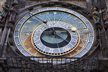Detail of the astronomical clock (Orloj) underneath the Prague Town hall in Czech Republic on the Old Times Square (Staromestske namesti) as symbol of 
sightseeing and historical monuments