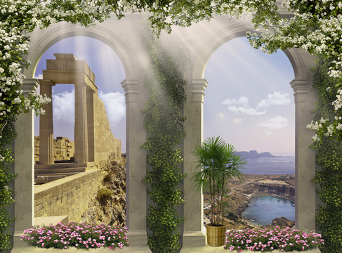 Old arch with open doors with ruins view