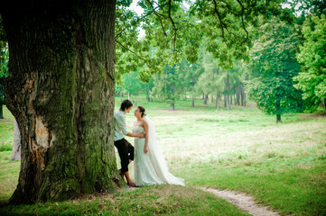the bride and groom near old wood in summer, beautiful background