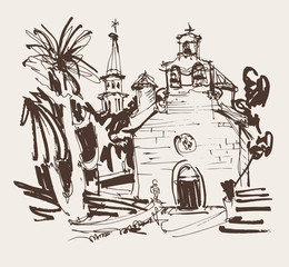 ink drawing of historic church in with palm in Budva Montenegro