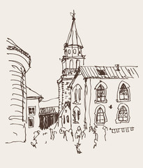 sketch drawing of the bell tower church top view in old town Bud