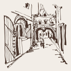 ink sketching of historic narrow cobbled street in Budva Montene