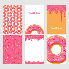 Set of bright food cards. Set of donuts with chocolate glaze. Donut seamless pattern. - 120773432