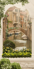 Fototapety  Widok ulicy z kwiatami i rzeką, stare miasto old