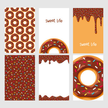 Set of bright food cards. Set of donuts with chocolate glaze. Donut seamless pattern.
