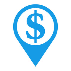 Icono plano localizacion texto dolar azul