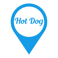Icono plano localizacion texto Hot Dog azul