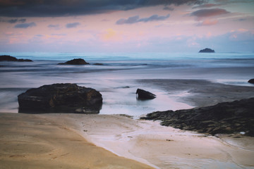 Early morning view of the beach at Polzeath Vintage Retro Filter
