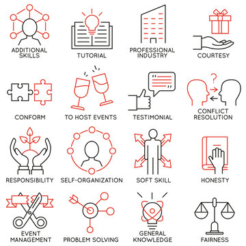 Vector set of 16 icons related to business management, strategy, career progress and business process. Mono line pictograms and infographics design elements - part 28