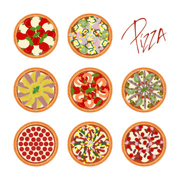 Set of different pizza types with various ingredients on white background with handwritten caption pizza. Vector illustration